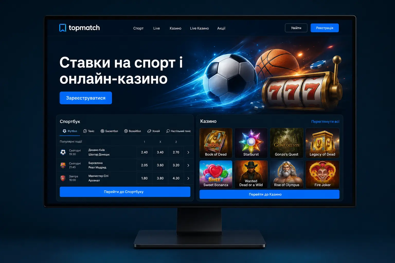 Головна сторінка TopMatch на екрані комп'ютера — ставки на спорт і онлайн-казино