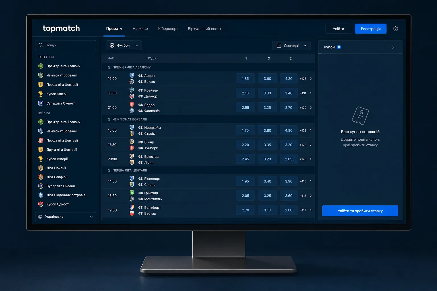 Прематч-лінія TopMatch на екрані комп'ютера — ліги, матчі та коефіцієнти